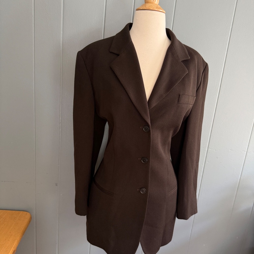 AKA Eddie Bauer Womens 12 Chocolate Brown 100% Wool 3-Button Longline Blazer 90s